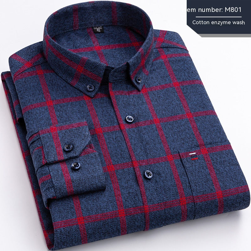 Retro Casual Brushed Cotton Plaid Enzyme Wash Embroidered Shirt