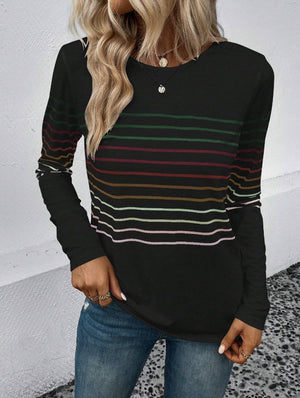 European And American Fashion Striped Printed Round Neck Long Sleeve Women