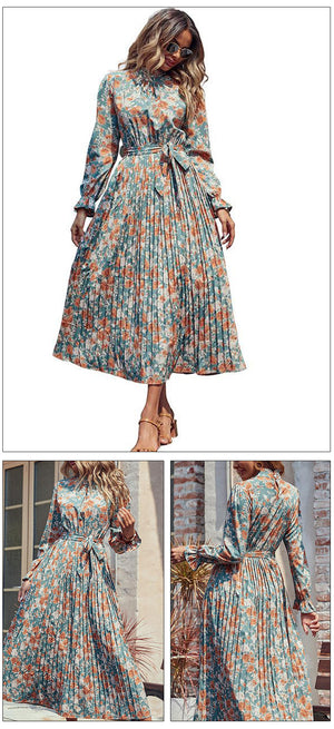 Summer Long-sleeve Retro Halterneck Skirt Sling Pleated Dress