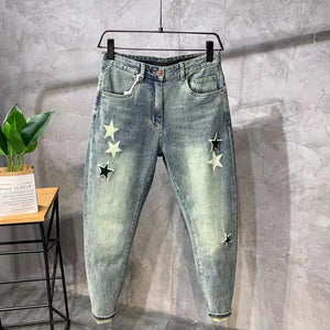 Trendy Retro Casual Slim Straight Jeans Men's Light Color Printing