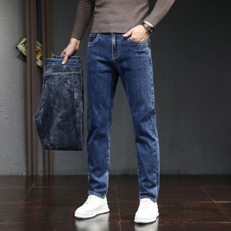 Men's Autumn And Winter Fleece-lined Thick Jeans