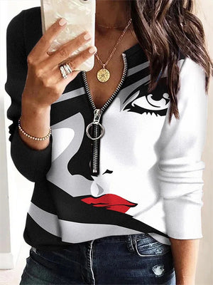 Geometric Abstract Printing Long Sleeve Zipper Sweater Pullover