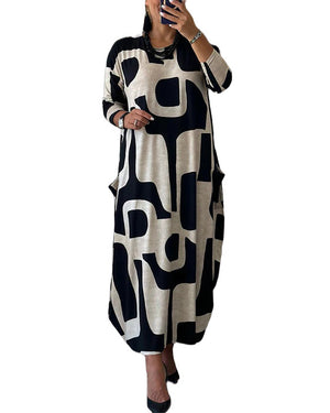 Women's Fashion Printed Loose Round-neck Long-sleeved Dress