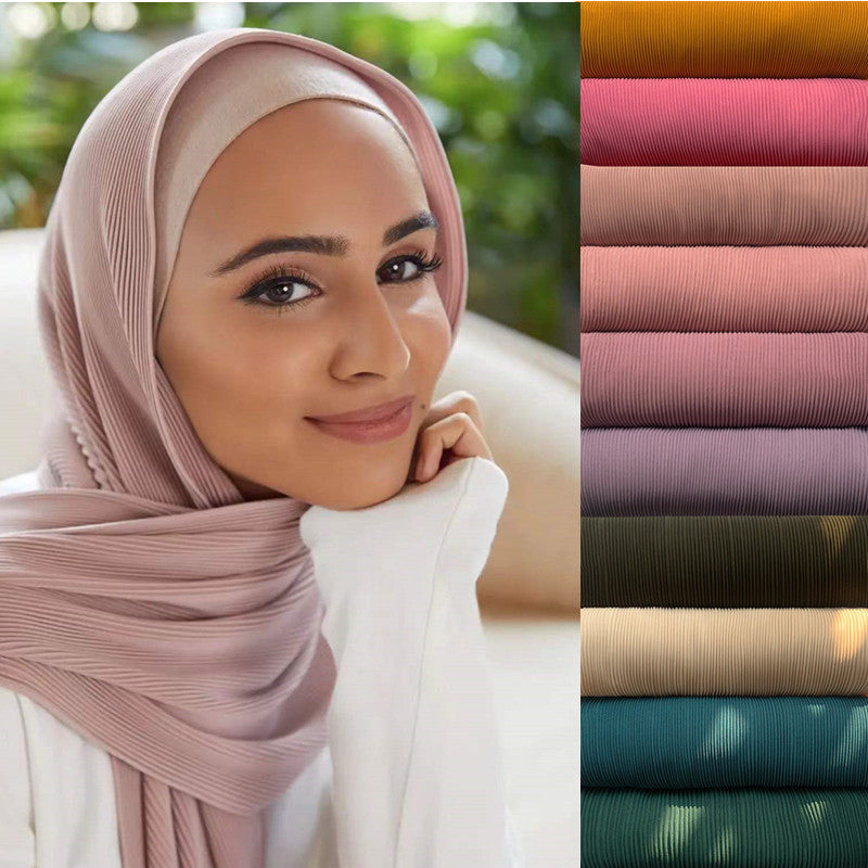 Cross-border European And American New Scarves Solid Color Fine Crumpled Pearl Chiffon Long Scarf Malaysian Female Hijab Sunscreen Scarf
